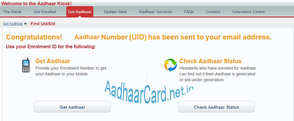 Aadhaar Number EID has been Sent to your Email Address or Mobile Number