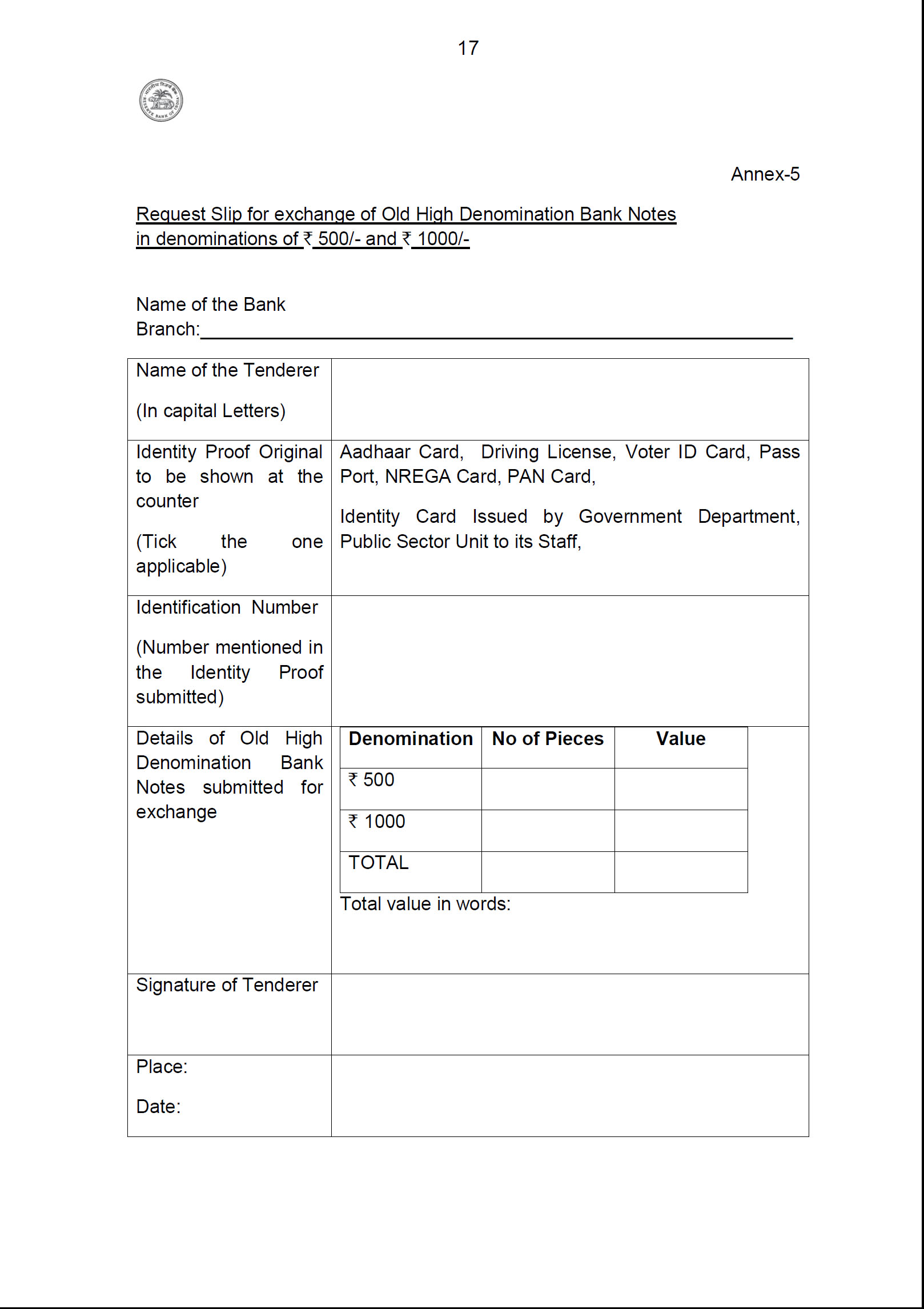 Request Slip for exchange of Old High Denomination Bank Notesin denominations of Rs.500/- and Rs.1000/-