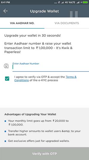 Upgrade MobiKwik Wallet with Aadhar Number