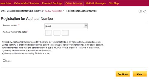 PNB Registration for Aadhaar Number