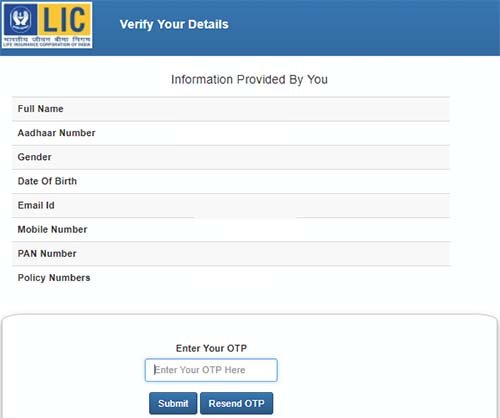 Enter OTP to Link Aadhaar with LIC