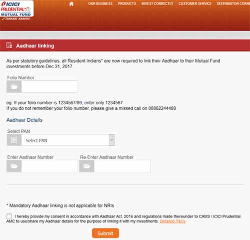 Link Aadhaar with ICICI Prudential Mutual Fund Folios Online