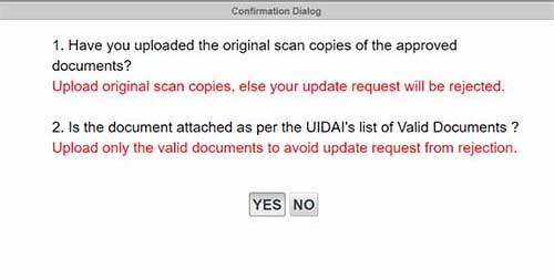 Aadhaar Update Confirmation Dialog