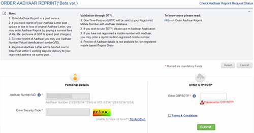 Order Aadhaar Reprint OTP