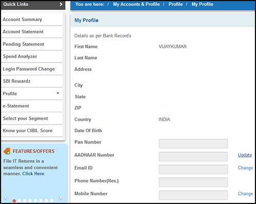 Online SBI My Profile