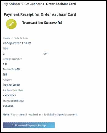 Payment Receipt for Aadhaar PVC