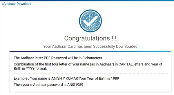 Your Aadhaar Card has been Successfully Downloaded