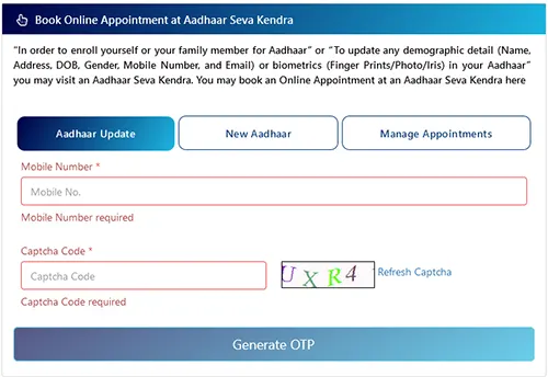 Book Online Appointment at Aadhaar Seva Kendra