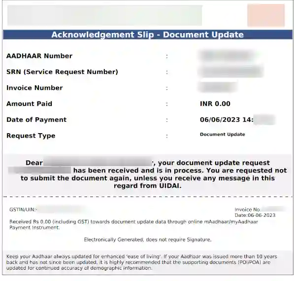Acknowledgement Slip Aadhaar Document Update