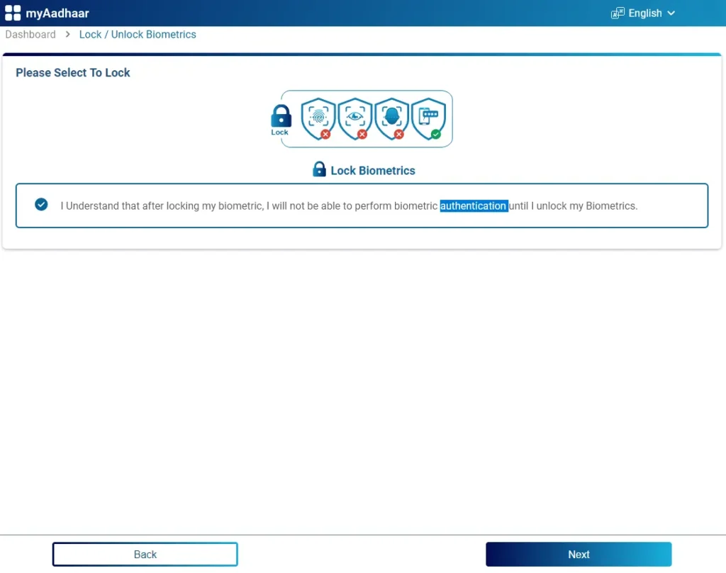 Please Select to Lock Aadhaar Biometric