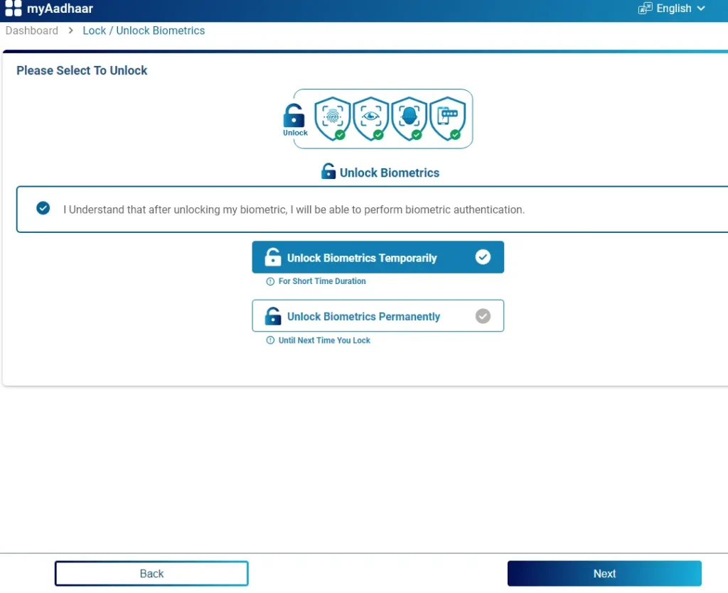 Please Select To Unlock Aadhaar Biometrics