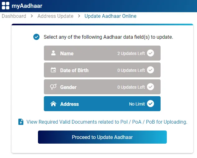 Select any of the following Aadhaar data field(s) to update