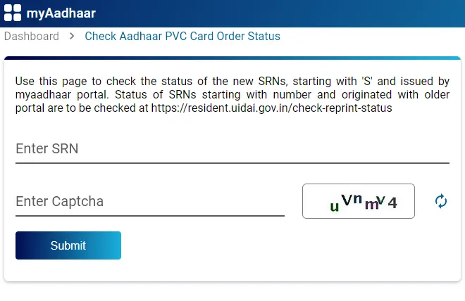 Check Aadhaar PVC Card Order Status