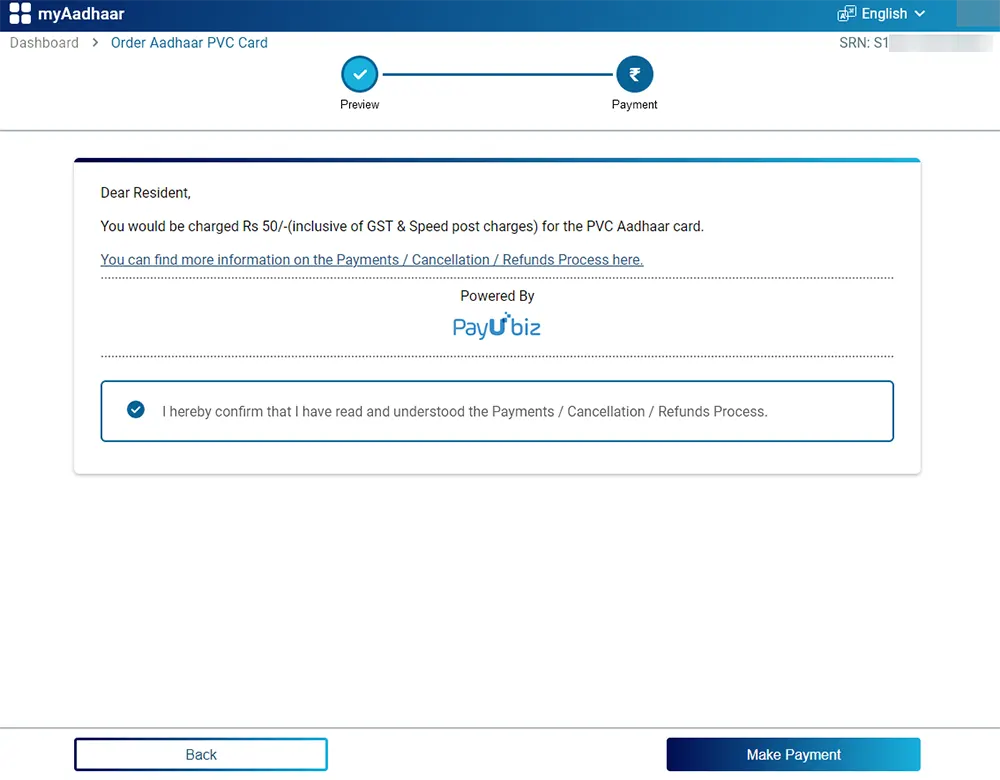 Order Aadhaar PVC Payment