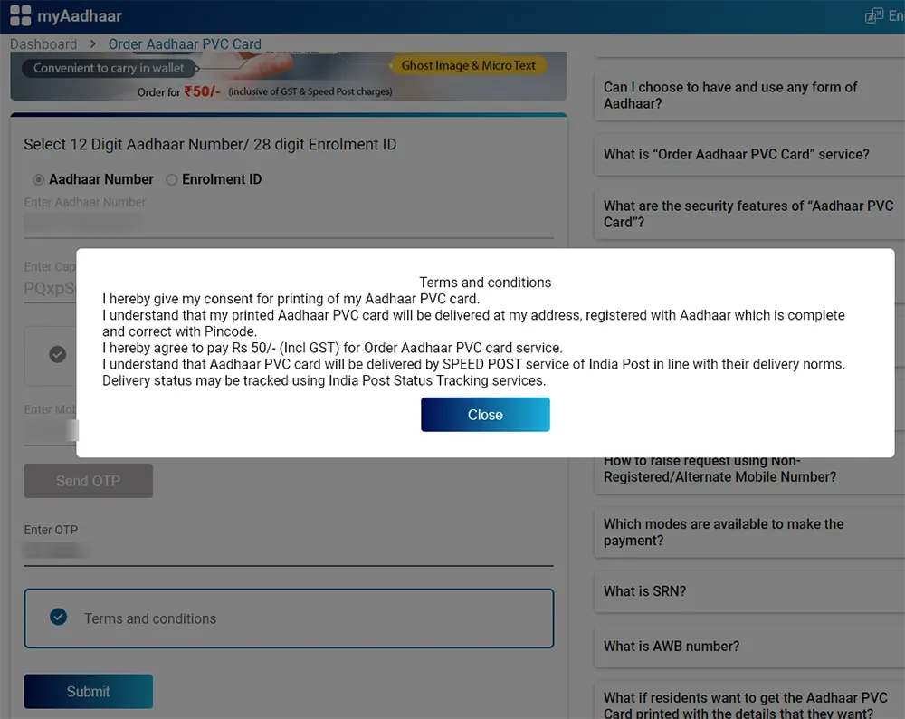 Order PVC Aadhaar Terms and Conditions