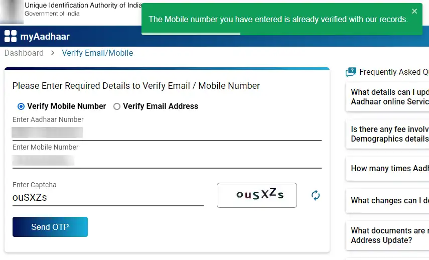The Mobile Number you have entered is already verified with our records