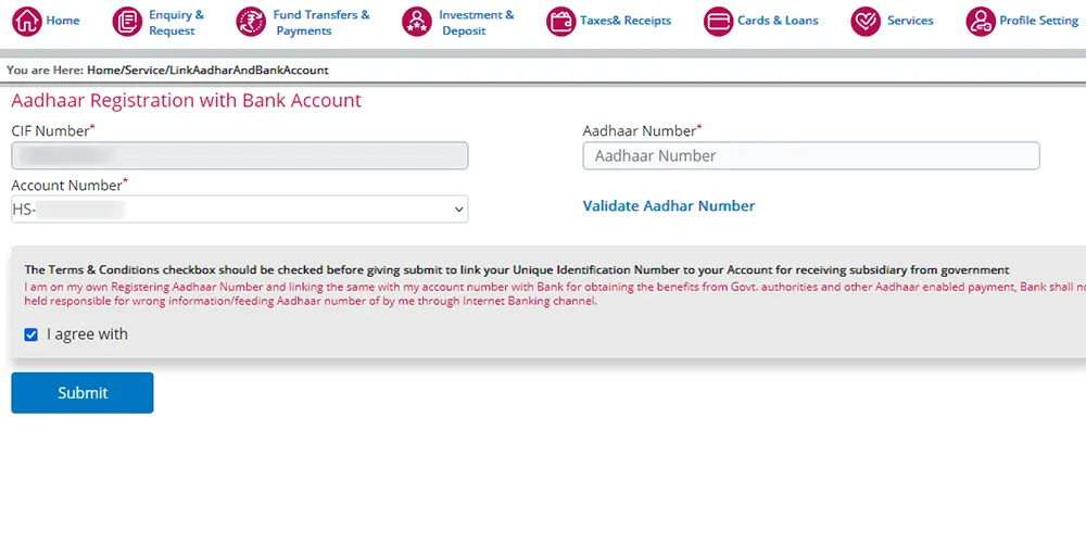 Aadhaar Registration with Bank Account