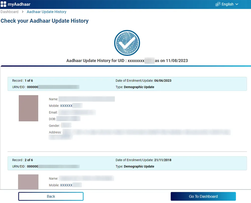 Check your Aadhaar Update History