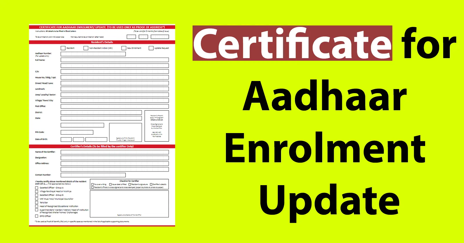 Certificate for Aadhaar Enrolment Update