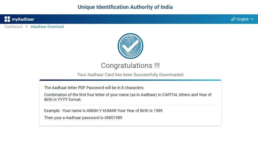 Aadhaar Card Successfully Downloaded