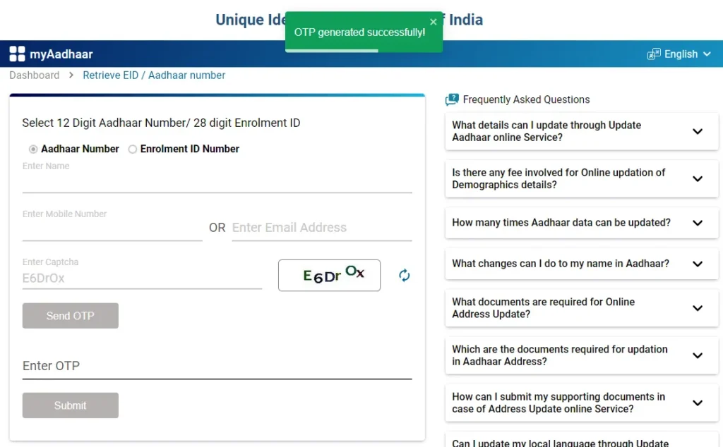 Retrieve Aadhaar OTP Generated Successfully