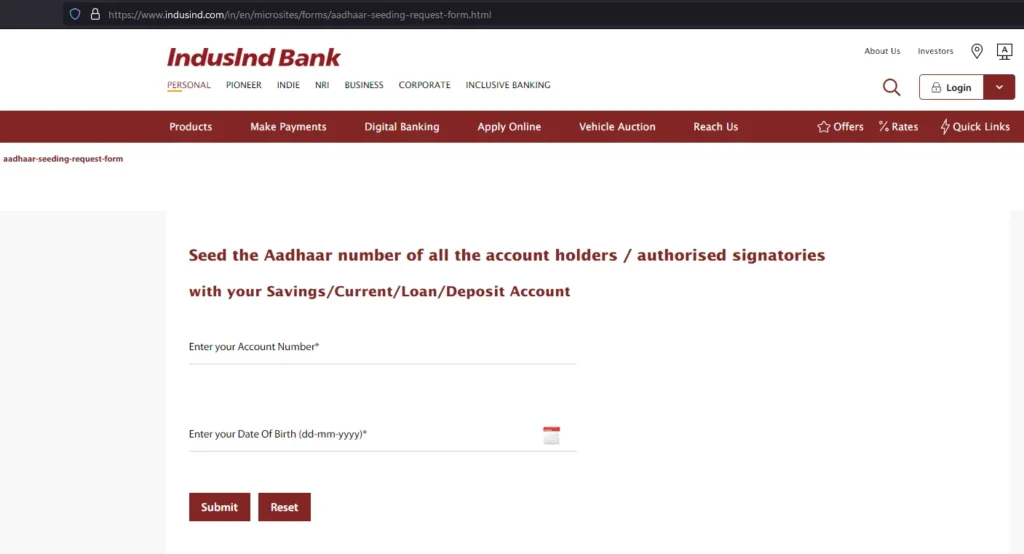 Seed the Aadhaar Number of IndusInd Bank