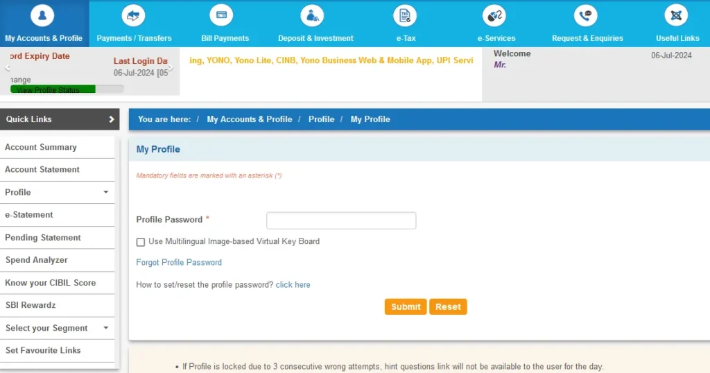 Online SBI Profile Password