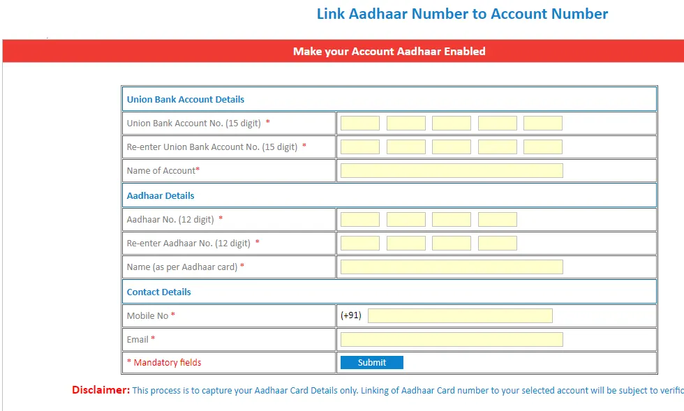 Link Aadhaar Number with Union Bank of India Account